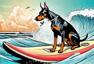 doberman smoking a cigar on a surfboard with a goat with larger horns tattoo idea