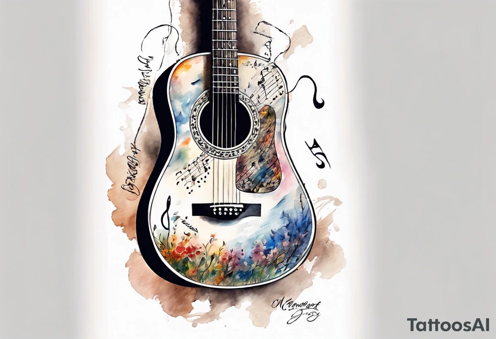 Acoustic Guitar neck with strings made of signatures emerging from skin tattoo idea