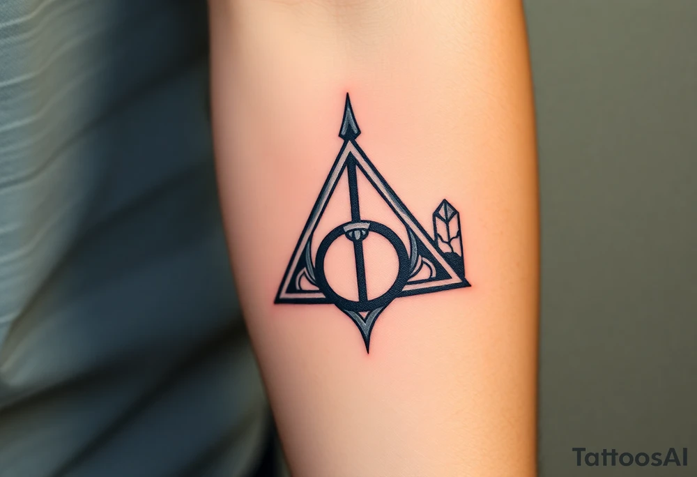 A silver and black Deathly Hallows full symbol, with each element forged in different textures—smooth metal for the Elder Wand, worn parchment for the Cloak, and cracked crystal for the Stone tattoo idea