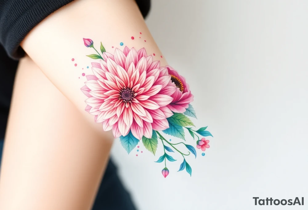 Chrysanthemum, peony, and larkspur bundle with colour splashes. tattoo idea