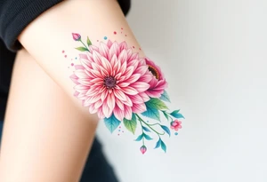 Chrysanthemum, peony, and larkspur bundle with colour splashes. tattoo idea