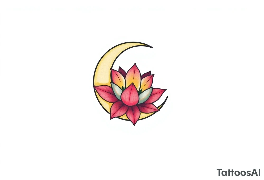 small colorful crescent moon with lotus flower tattoo idea