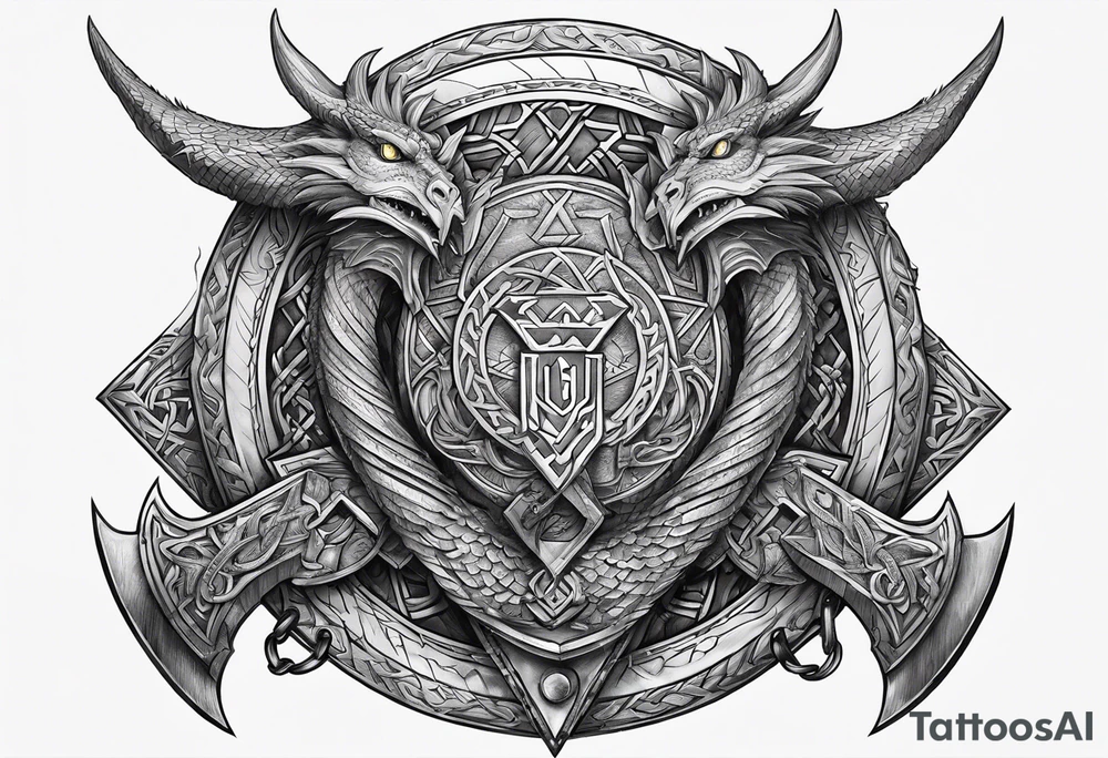 Valhalla sword round shield dragon axe Valknut steps fire chains tattoo idea Valhalla sword round shield dragon axe Valknut steps fire chains tattoo idea