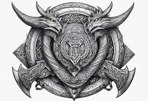 Valhalla sword round shield dragon axe Valknut steps fire chains tattoo idea
