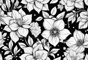 Hydrangea, Narcissus, Poinsettia, Holly, Gladiolus, Poppy, Daisy, Sweet Pea floral tattoo idea