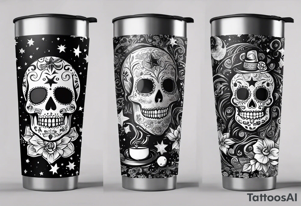 Trick or treat, sugar skull, 20 oz tumbler banner design, candy, minimalist, potions, brew, broom, spellbound, voodoo, cat, poly juice potion, moon, stars, sugar skull tattoo idea