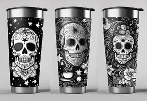 Trick or treat, sugar skull, 20 oz tumbler banner design, candy, minimalist, potions, brew, broom, spellbound, voodoo, cat, poly juice potion, moon, stars, sugar skull tattoo idea