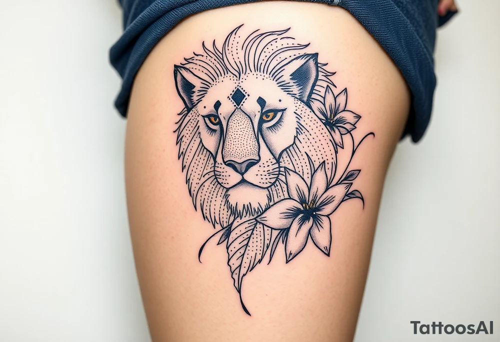 Lion with larkspur and water lilies tattoo idea