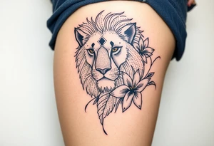 Lion with larkspur and water lilies tattoo idea