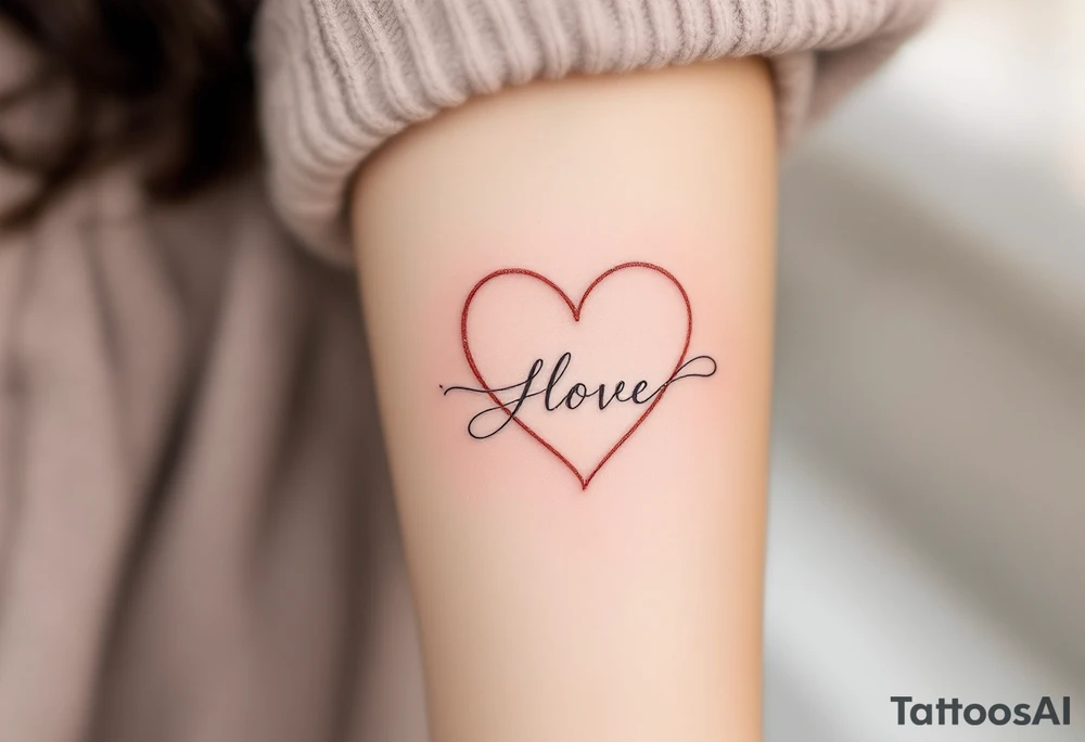 A delicate, outline heart with a flowing ribbon, containing the couple’s names in elegant cursive, with soft pastel pink and gold accents. tattoo idea