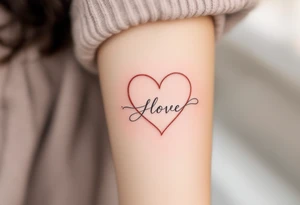 A delicate, outline heart with a flowing ribbon, containing the couple’s names in elegant cursive, with soft pastel pink and gold accents. tattoo idea