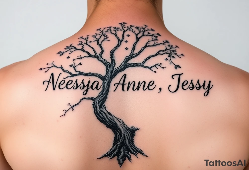the name Nessa, Anne, Jessy
 on a live tree tattoo idea