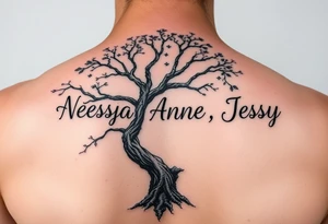 the name Nessa, Anne, Jessy
 on a live tree tattoo idea