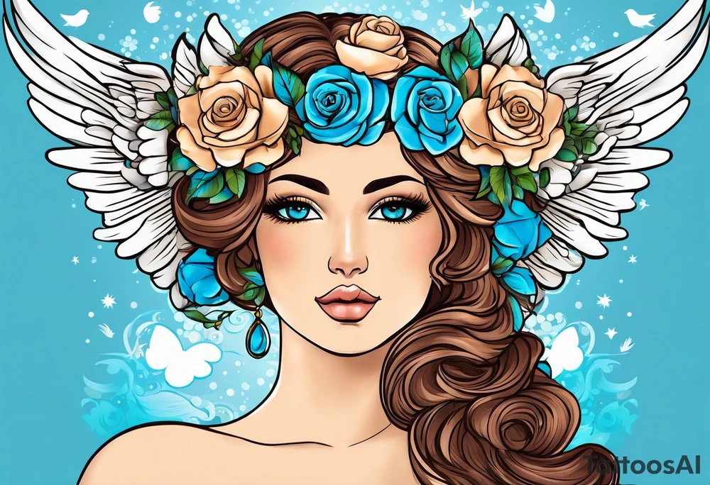 rtrait of AphroPodite: A face or full-length image of the goddess, often in a realistic style, perhaps decorated with flowers, seashells, or doves.rose, doves, shells and a mirror in his hand. background sea, blue roses frames,, romantic,background  fly boy wings and a bow, cupido tattoo idea