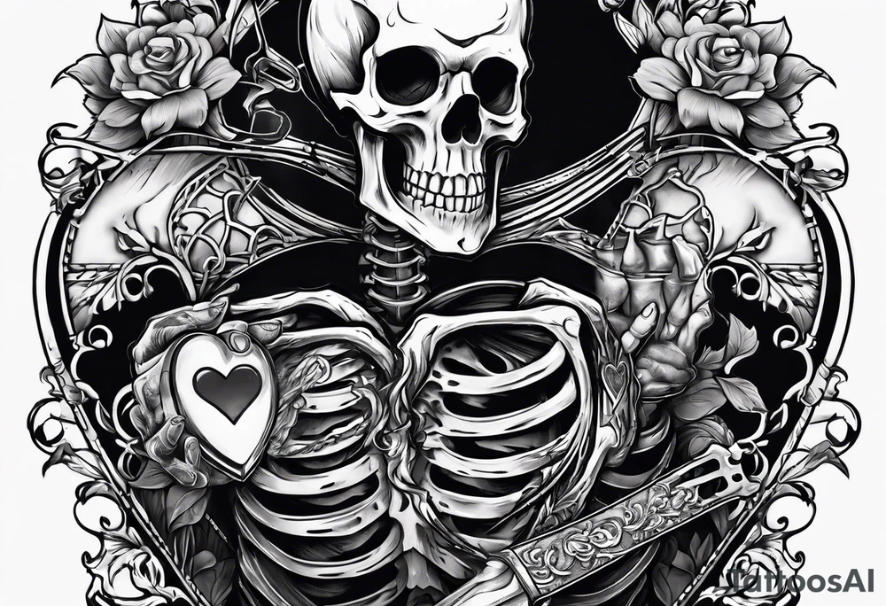 depressed skeleton holding his heart in his hand with a knife through the heart tattoo idea