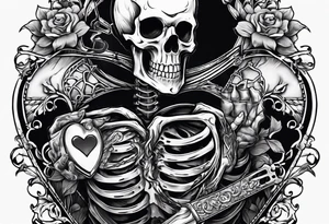 depressed skeleton holding his heart in his hand with a knife through the heart tattoo idea