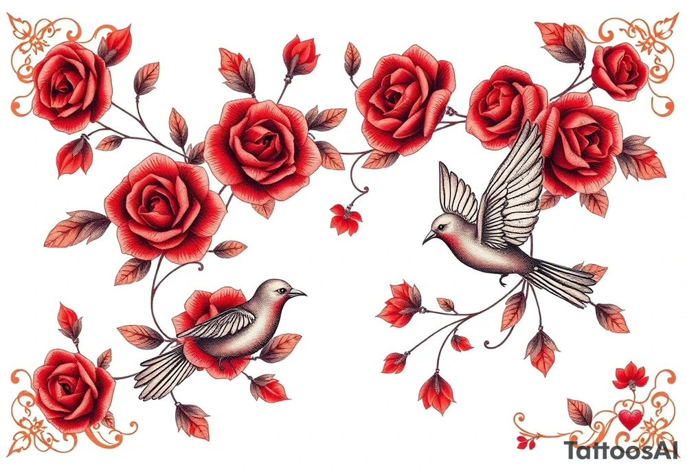Vintage lace, red roses, red birds, vintage tattoo idea