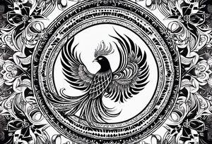 Tribal bohemian feminine impowering Phoenix rising with smoke, fire, mandala sun, floral, lace background, solar eclipse tattoo idea