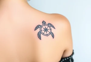 fine line tattoo of a turtle combined with a compass tattoo idea