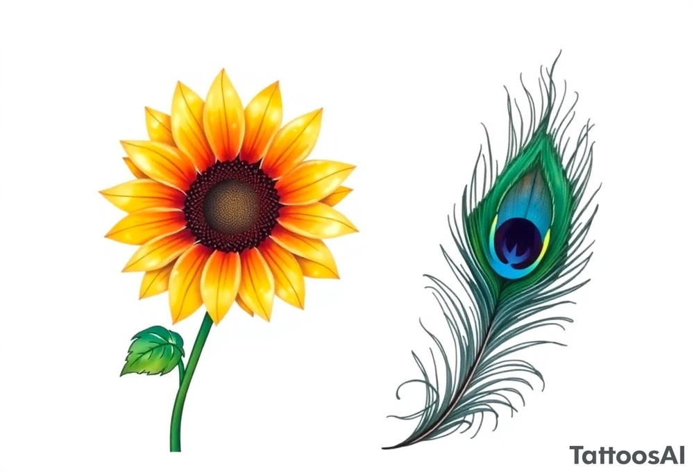 Sunflower with stem and peacock feather tattoo idea