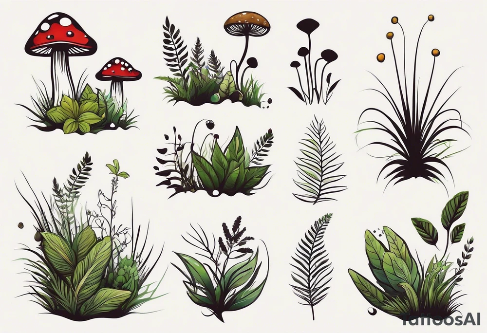 forest floor inspired minimalist tattoo, which includes grass, curly ferns, moss and dead leaves as the bulk of the tattoo. details to include: forest berries, a tiny bumblebee flying nearby, three small brown mushrooms
Generate a vertically long one tattoo idea