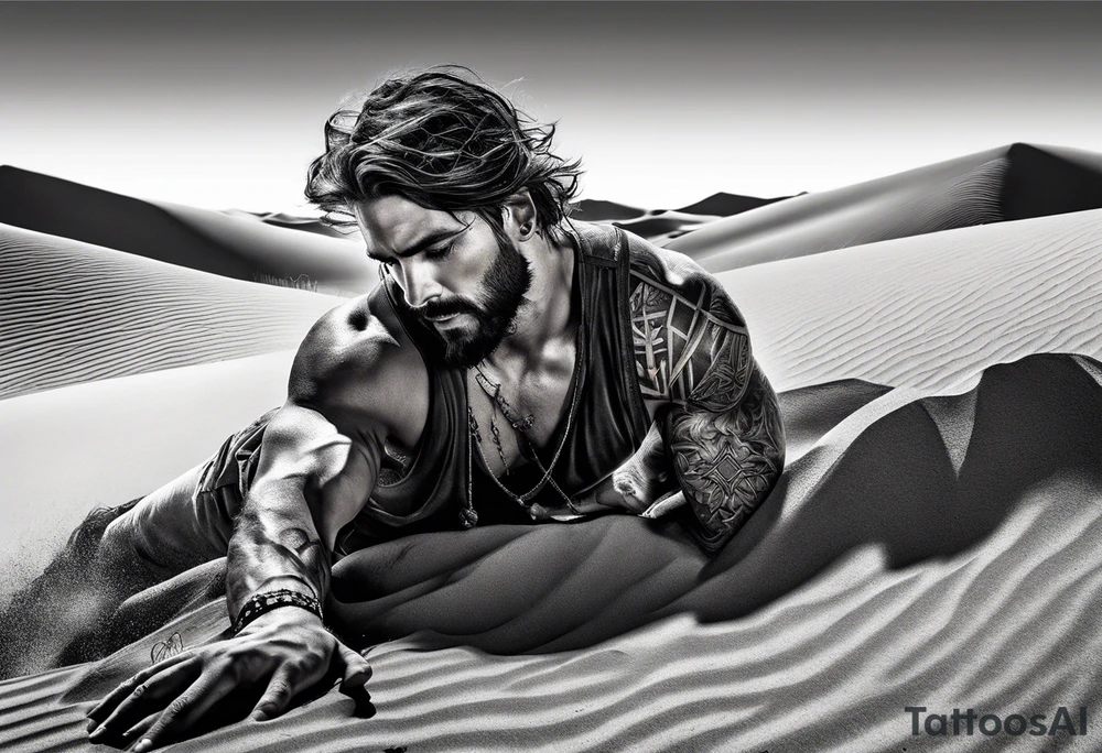 man crawling in a desert reaching to the cross of Christ tattoo idea
