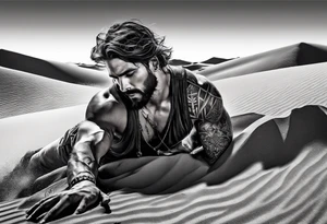 man crawling in a desert reaching to the cross of Christ tattoo idea