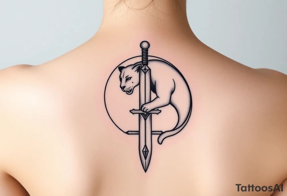 mystical panther around an ancient dagger with jeweled hilt tattoo idea