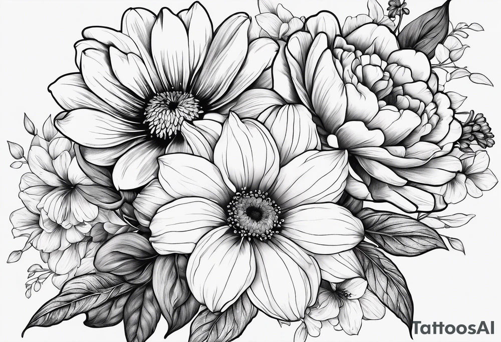 Minimalist Two roses, two daisies, one daffodil, one chrysanthemum, one gladiolus, one lily of the valley tattoo idea