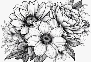 Minimalist Two roses, two daisies, one daffodil, one chrysanthemum, one gladiolus, one lily of the valley tattoo idea