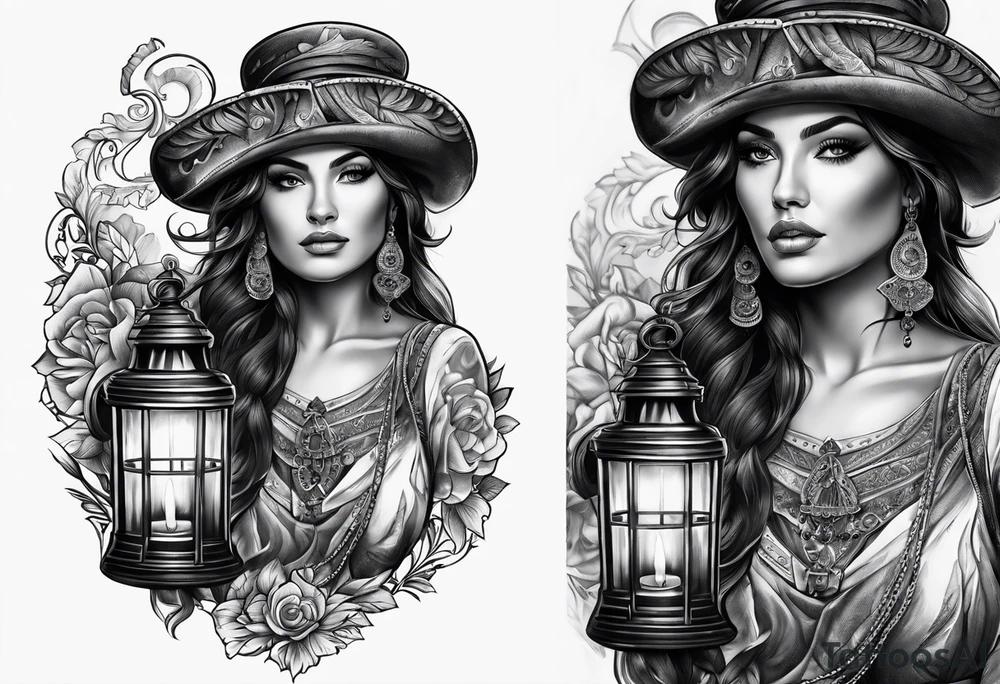 Gypsy with lantern and flintlock pistol tattoo idea