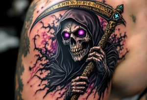 A dark Reaper with glowing violet eyes and a jagged scythe etched with ancient runes in gold. tattoo idea