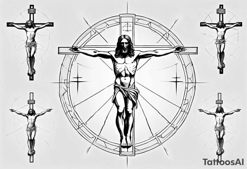 Geometric Vitruvian man combined with Jesus on the cross tattoo idea