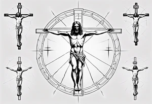 Geometric Vitruvian man combined with Jesus on the cross tattoo idea