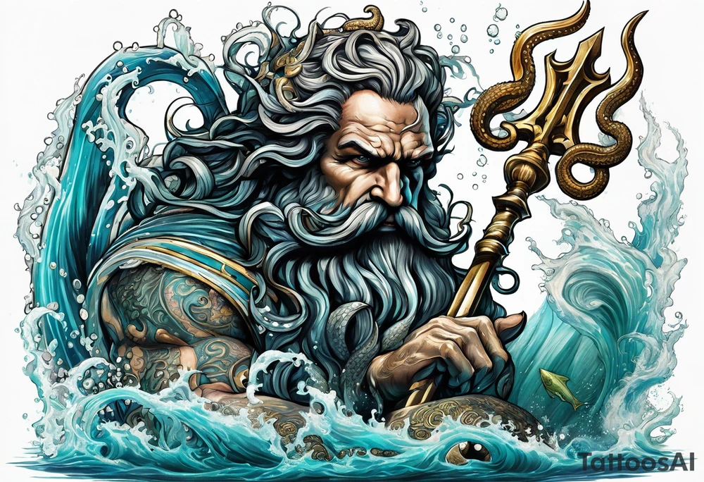 A vicious octopus monster underwater ensnaring the Greek god Poseidon as he thrust his trident tattoo idea