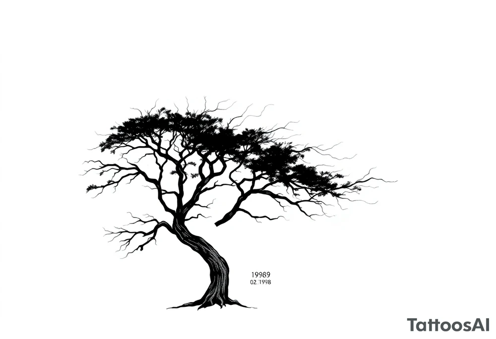 simple windy tree with a date 02.18.1998. The tree has strong winds and its branches are bent. The background is a clear sky. tattoo idea