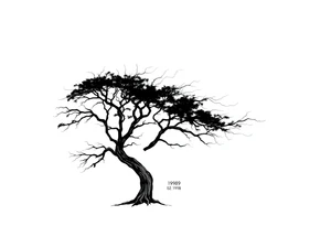 simple windy tree with a date 02.18.1998. The tree has strong winds and its branches are bent. The background is a clear sky. tattoo idea