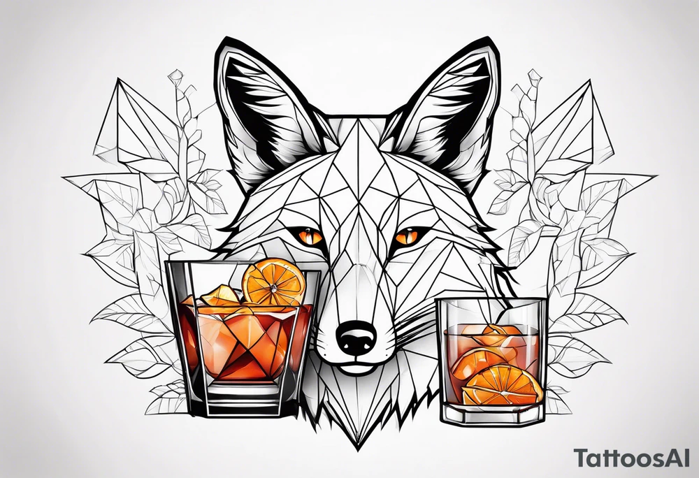 Geometric fox with one Negroni in short lowball cocktail glass with ice and orange peel with no background tattoo idea