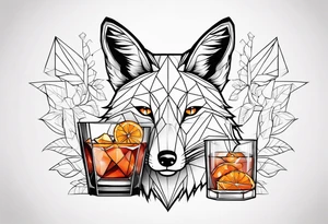 Geometric fox with one Negroni in short lowball cocktail glass with ice and orange peel with no background tattoo idea