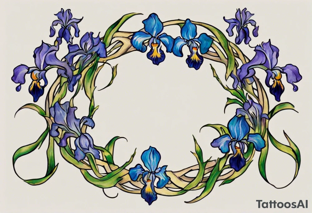 Create a small colorful Vincent van Gogh Irises tattoo in the form of a crescent, with vines gracefully intertwining at a central point in the middle of the wreath. Ensure that the design avoids the appearance of a bush and maintains a more structured and deliberate arrangement. The intended placement is on the upper chest. The overall design should be small in size while maintaining a delicate and artistic aesthetic. Pay attention to the graceful flow of the vines and the placement of the irises to achieve a refined and elegant look. tattoo idea