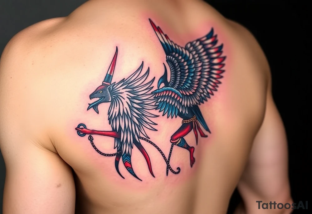 Anubis and a Guardian Angel Back to Back (only red , blue and black are possible colors) tattoo idea