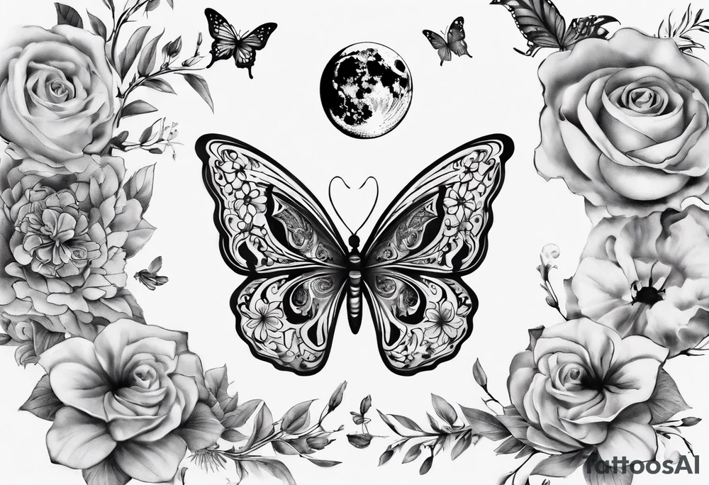 Butterfly wrap tattoos with moon and floral theme tattoo idea