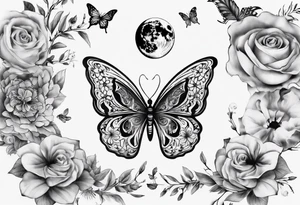 Butterfly wrap tattoos with moon and floral theme tattoo idea