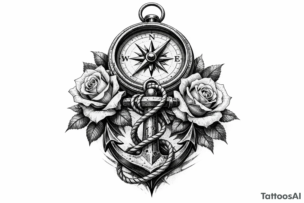 a compass under it an anchor and roses. tattoo idea