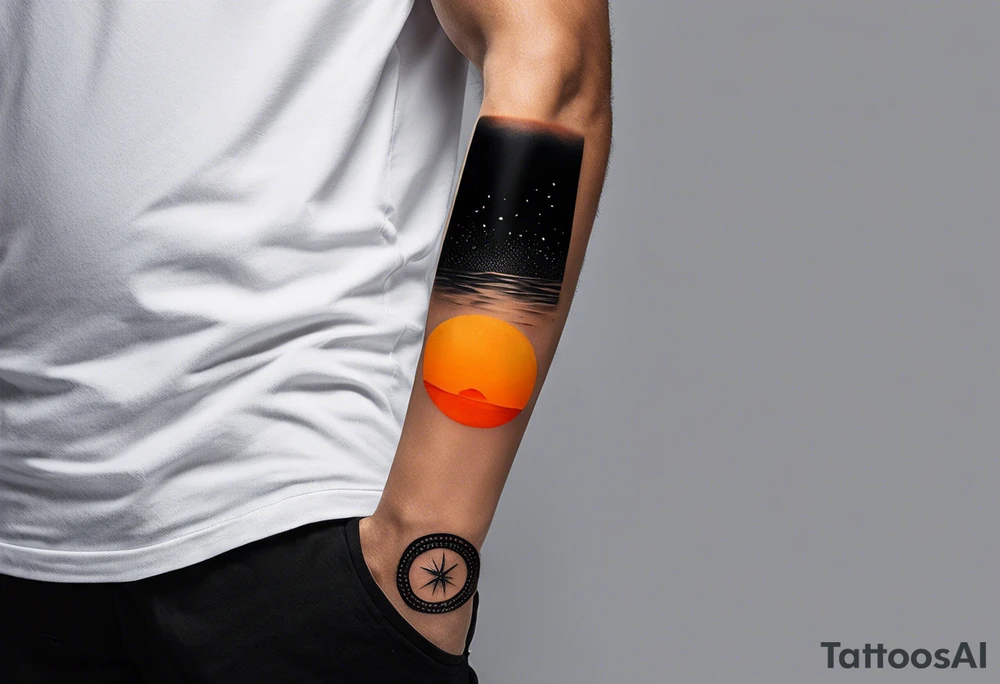 This is an extremely simple and minimalistic tattoo placed on male forearm. It is black and white with tiny splashes of orange from the sun. The tattoo is 4 inches wide by 2 inches tall. From the perspective of being on the ocean, the water is calm, with no waves in sight, the sun is setting behind the ocean, reflecting light onto the water. Most importantly, the tattoo in the shape of a rectangle, 4 inches wide by 2 inches tall. The water has shading. tattoo idea