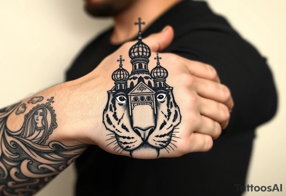 Realistic tiger face on the back of the hand with strong contrast and fine detail with hollow black eyes. with a highly detailed Russian Orthodox cathedral sitting above on fore arm with onion domes and orthodox crosses, done in fine line, engraving-like style. Cohesive composition, black ink only, no color, high contrast, slightly aged, documentary-style, plain light background. with clouds above and a virgin mary tattoo idea
