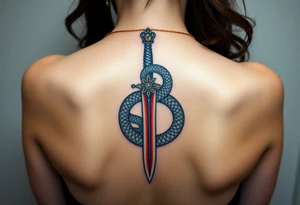 mystical snake coiled around an ancient dagger with jeweled hilt tattoo idea