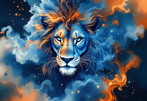 A fierce lion outlined in stardust white roams across a watercolor canvas of midnight blues and fiery oranges. tattoo idea