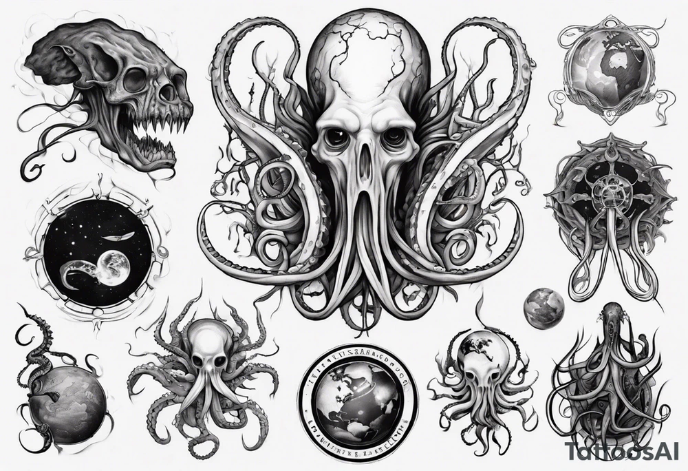 a tattoo on the theme of lovecraft, with tentacles that embrace the earth tattoo idea