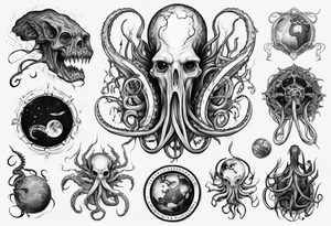 a tattoo on the theme of lovecraft, with tentacles that embrace the earth tattoo idea